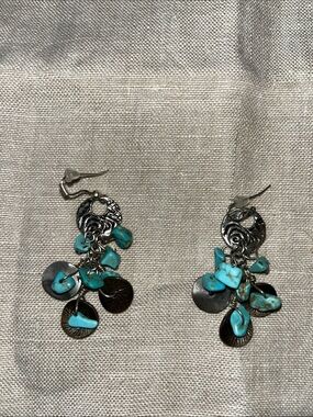 Chico's Turquoise Chip Dangle Earrings with Silver and bronze disks.